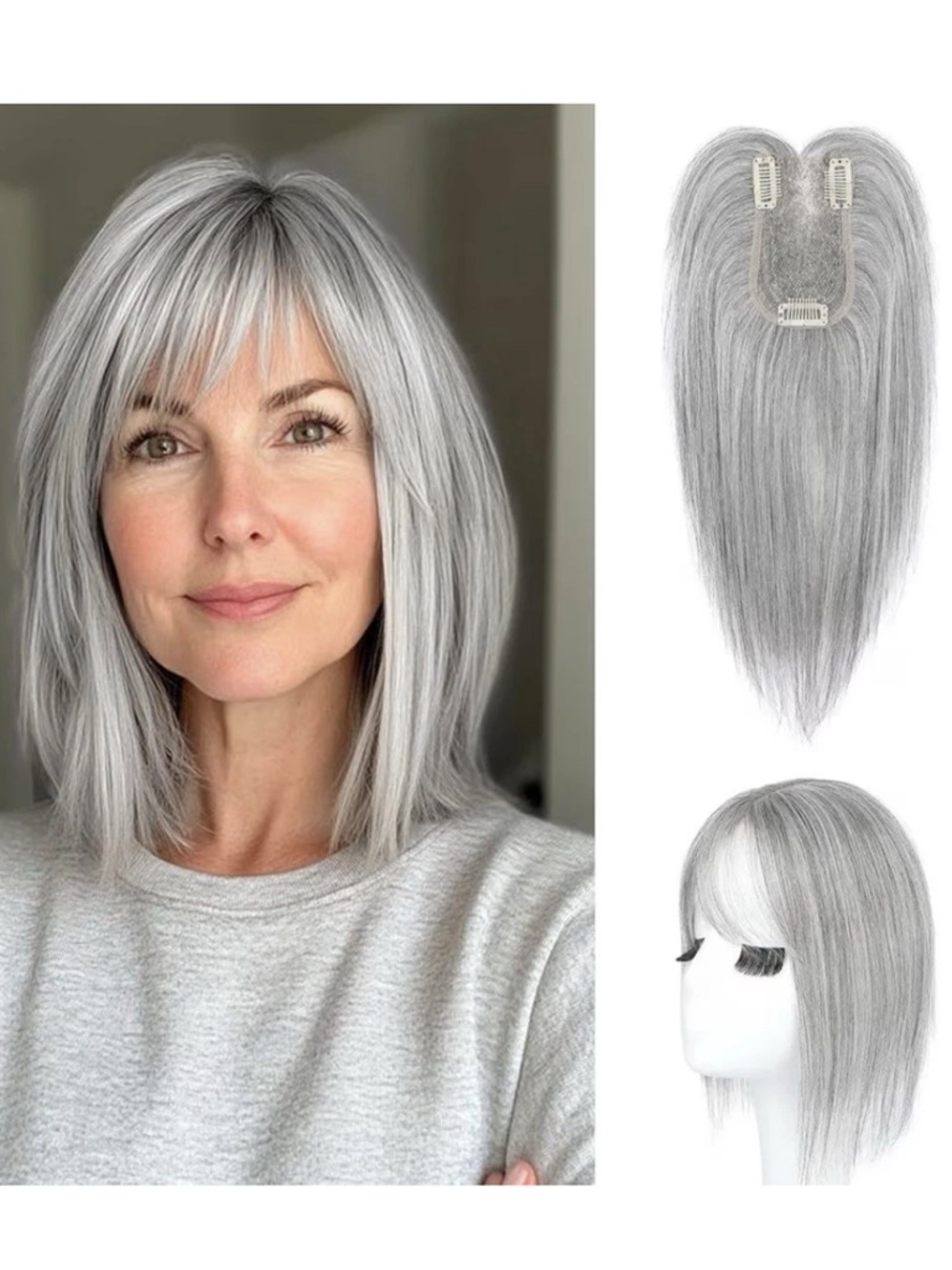 100% Real Human Hair Topper LIGHT GRAY 10 Inch With Bangs Clip In Hair Piece NEW